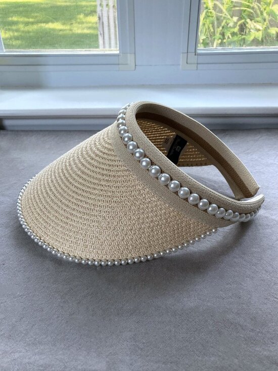 Renato Balestra, Italy, Paper Straw Visor, Faux Pearl Sun Hat, Resort Chic, Lux main image 14